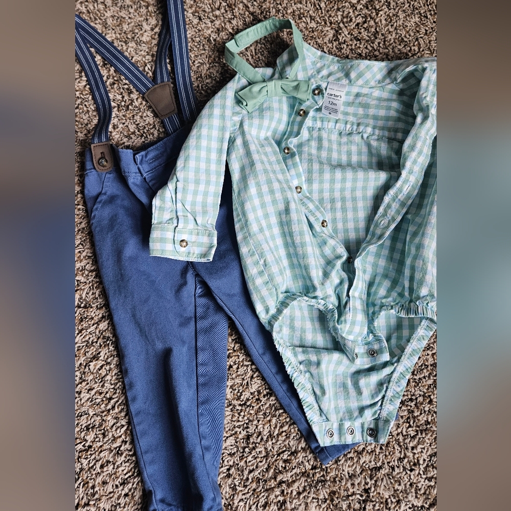 Green Checkered Shirt with Blue Suspenders